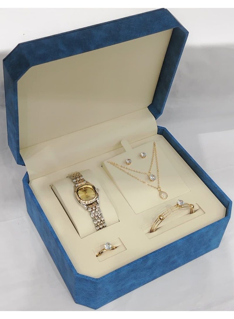 This is a women's watch set consisting of a wristwatch, bracelet, necklace, ring and earrings.